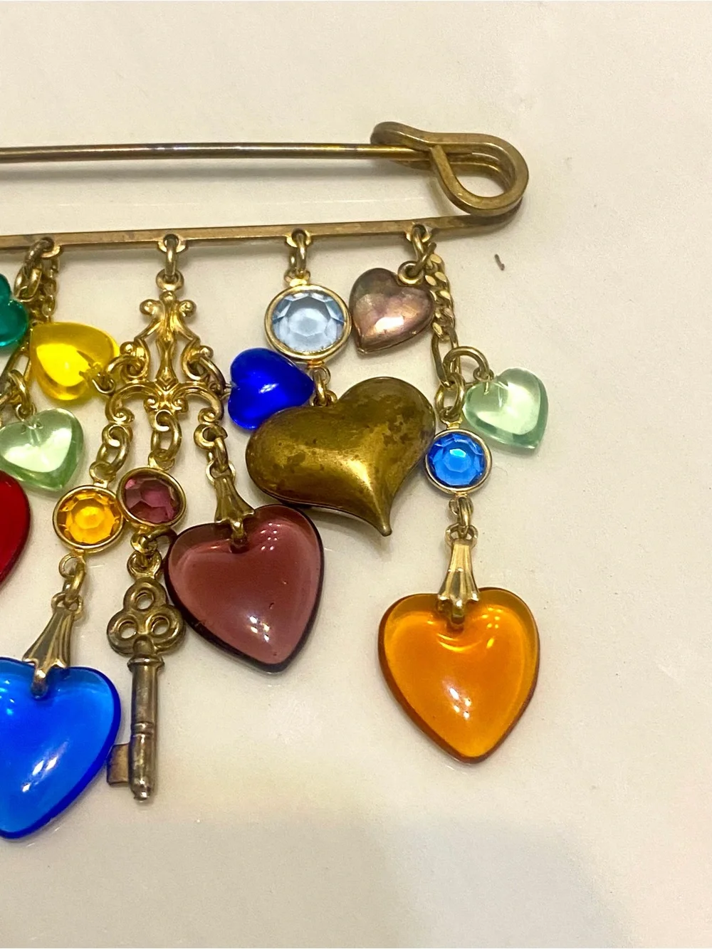 Vintage Glass Heart Multi Color Safety Pin Charm Brooch